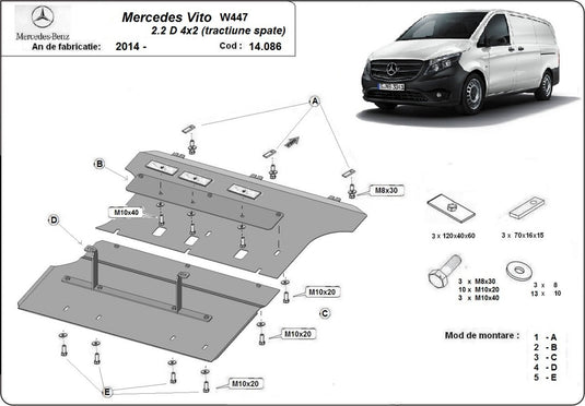 Engine - metallic shield Mercedes Vito W447 - 2.2 D 4x2 (tracțiune spate) (2.5mm)